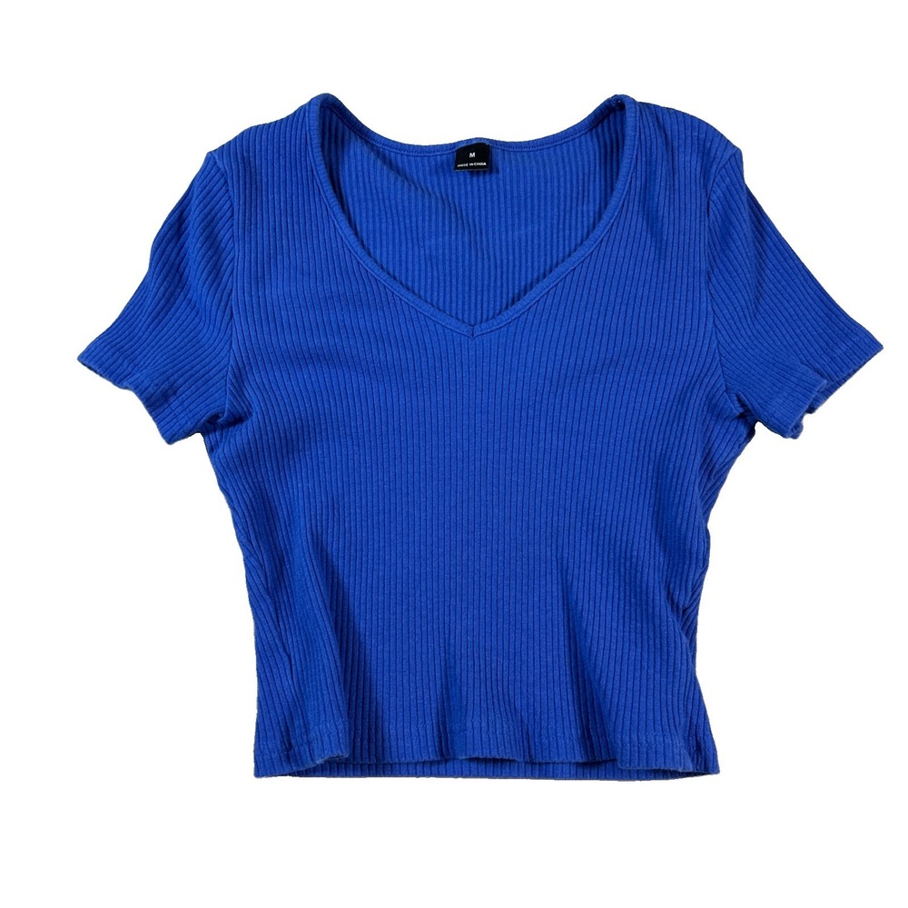 SHEIN Womens Ribbed Crop Top Size M Royal Blue V-Neck Short Sleeve Flutter Hem
